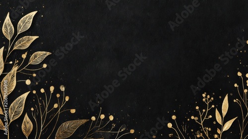 Elegant gold botanical leaves and delicate floral branches framing a dark textured background with ample negative space for luxury design or invitations
