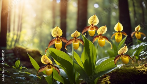Orchideen Gelber Frauenschuh Gruppe Im Wald Bei Sonnenlicht