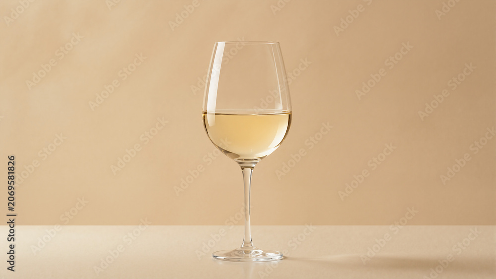 Fototapeta premium Glass of white wine standing on table. Elegant stemmed drinkware filled with alcoholic beverage. Professional sommelier service, hospitality, luxury lifestyle and evening relaxation.