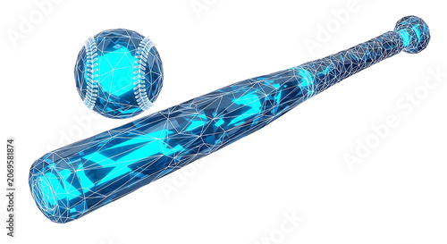 Digital wireframe model of a baseball bat and ball rendered with glowing blue lines against a solid white background