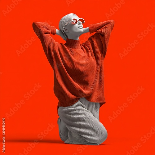Monochrome gray woman in a bright red oversized sweater and sunglasses kneeling relaxed against a vibrant orange background.