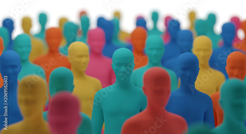 Abstract crowd of colorful 3d human figures standing together in a diverse group representing social unity and community