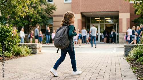 Young girl with backpack walks towards school entrance with other students and parents in background