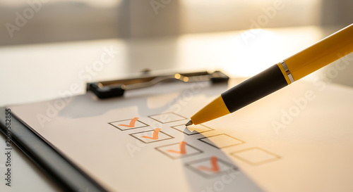 Yellow pen held by a hand marking check boxes on a white paper clipboard during a business evaluation or survey process