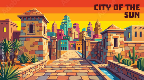 Charming stone entrance path leading to a vibrant city illuminated by early morning sunlight
