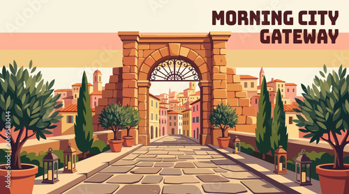 Charming stone entrance path leading to a vibrant city illuminated by early morning sunlight