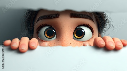 Cute 3D cartoon character with big brown eyes peaking curiously through a ripped paper hole template on a white background.