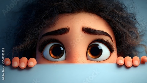 Cute 3D cartoon girl with curly dark hair and big brown eyes peeking curiously over a clean blue border edge with copy space.