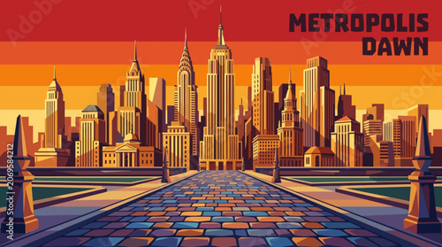 Obraz na plátne Decorative cobblestone road leading toward a magnificent urban skyline with glow