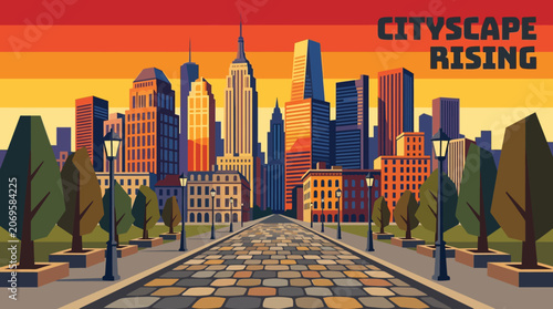 Decorative cobblestone road leading toward a magnificent urban skyline with glowing sunrise colors