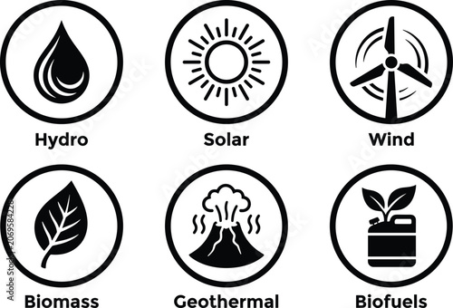 Cuadro en lienzo Renewable green energy vector icon set featuring solar wind hydro biomass geothe