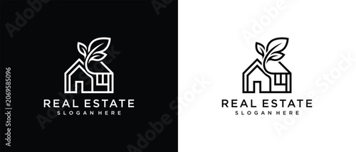 Minimalist Green Home Real Estate Logo Design with Growing Plant and House Outline