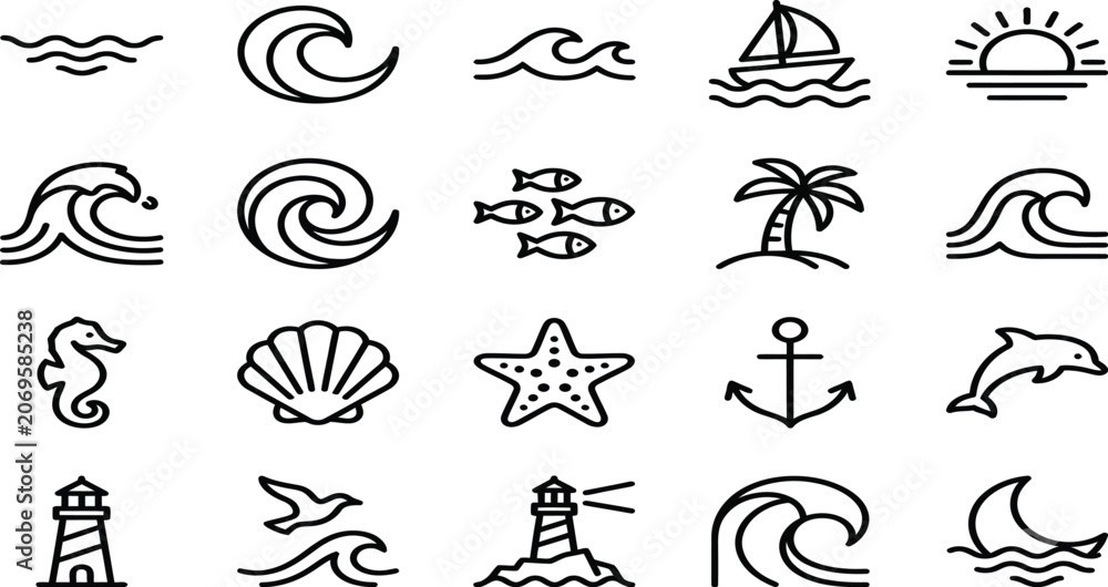 Fototapeta premium Marine Life And Nautical Elements Vector Illustration Set On White Background
