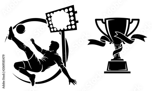 Quadro su tela Soccer player bicycle kick silhouette with champion trophy cup and stadium flood
