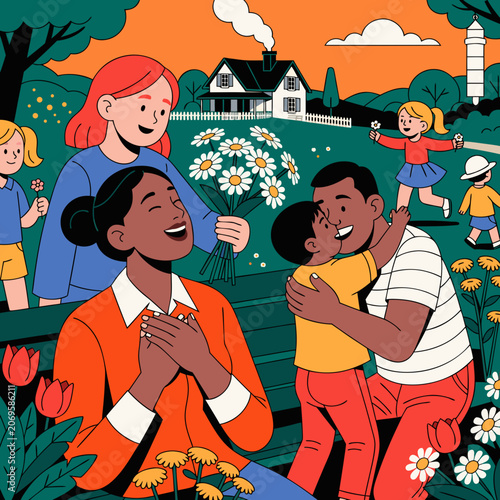 Joyful family scene in a colorful park with children and flowers