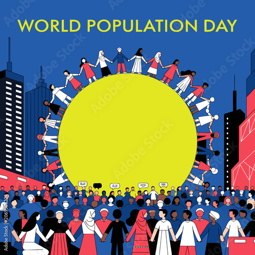 Celebration of unity and diversity for world population day with diverse crowd