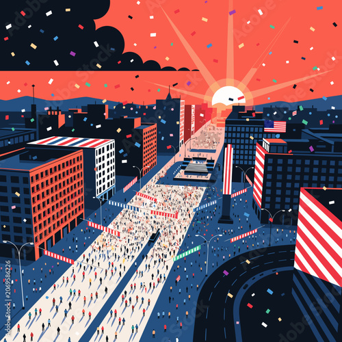 Vibrant cityscape illustration capturing a lively parade at sunset