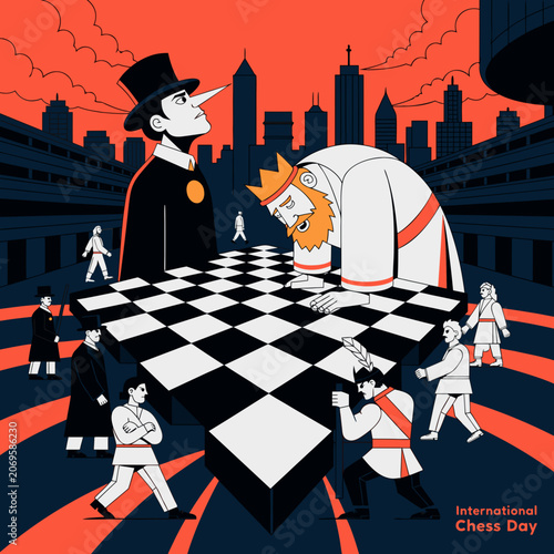 Stylized illustration of a chess game with a city skyline background