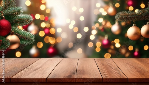 Empty Wooden Table Balls Christmas Tree Lights On Background Blurred Bokeh Christmas Mock Up Banner To Display Advertise Product Promotion Sale Presentation New Year Winter Backgrounds