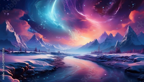 Breathtaking Surreal Cosmic Landscape On A Frozen Alien Planet With A Vibrant Nebula Over Snowy Mountains And An Icy River