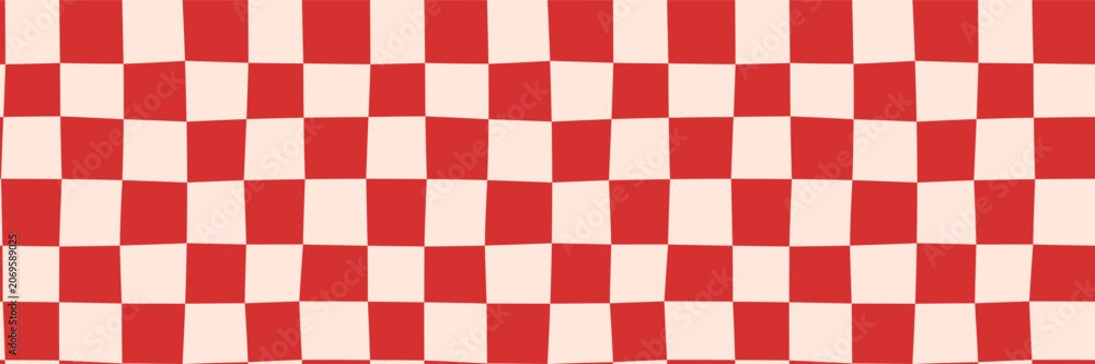 Fototapeta premium Distorted red checkerboard seamless vector pattern, Wavy squares, groovy warped plaid background