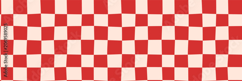 Distorted red checkerboard seamless vector pattern, Wavy squares, groovy warped plaid background