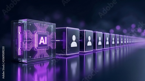 Artificial intelligence chip with glowing circuits leading a line of abstract user profile icons in a futuristic digital network.