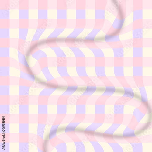 Soft wavy pastel plaid textile background. Cream, pink, and purple distorted checkered pattern.