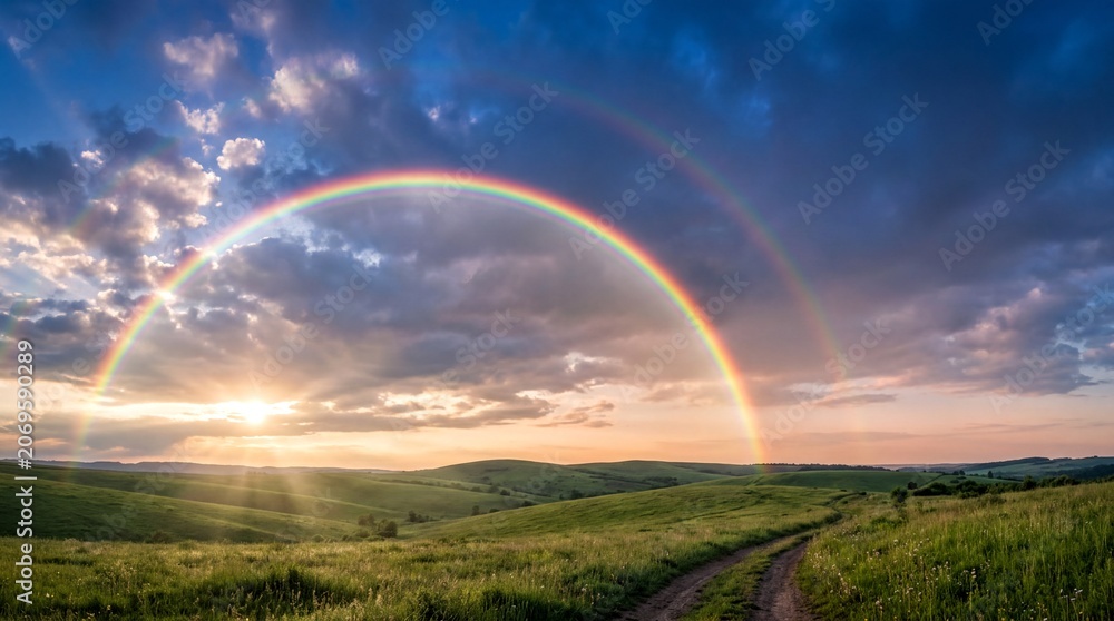 Naklejka premium natures color spectrum, a vibrant rainbow arches across a clear sky filled with fluffy clouds
