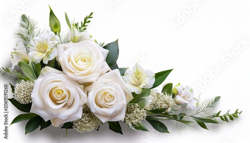 White Roses And Eustoma Flowers In A Corner Arrangement Isolated On White Or Transparent Background