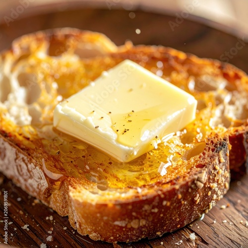 Freshly toasted sourdough bread slice topped with a square of melting butter on rustic wooden board, rustic breakfast culinary scene