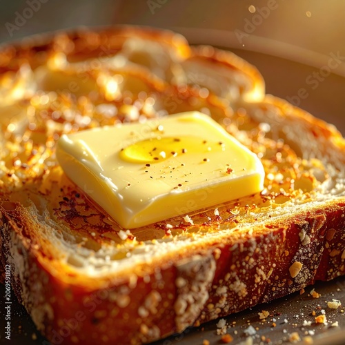 Freshly toasted sourdough bread slice with a square pat of melting butter and cracked black pepper, rustic breakfast, warm morning light, closeup