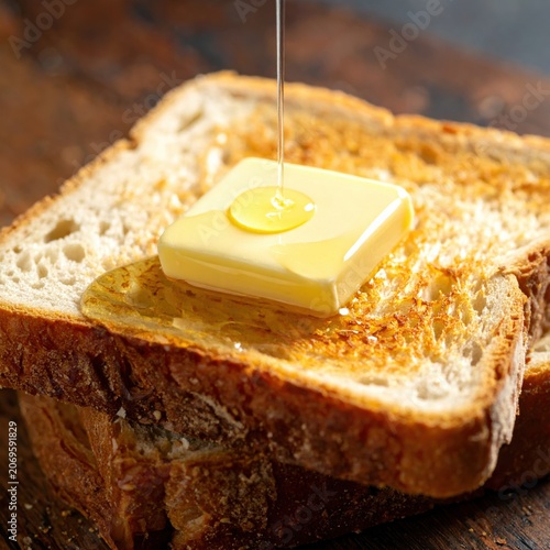 Honey dripping onto a square pat of butter melting on toasted sourdough bread for breakfast recipes and rustic food photography