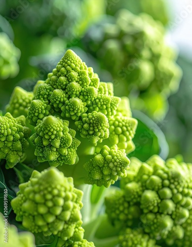 Macro closeup of vibrant green romanesco broccoli showing fractal geometric patterns, natural Fibonacci spiral texture, organic healthy vegetable gardening