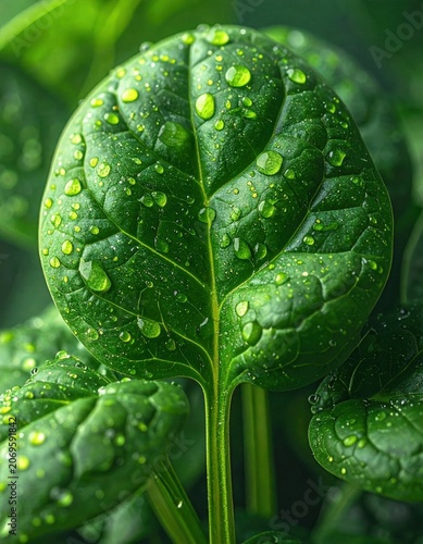 Macro closeup of vibrant green spinach leaf covered in fresh water droplets, morning dew, healthy nutrition, organic garden harvest