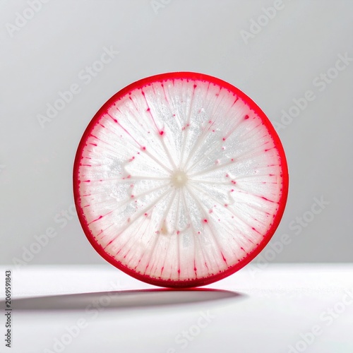 Isolated sliced radish cross section showing translucent flesh and red skin pattern, healthy eating concept, fresh vegetable ingredient