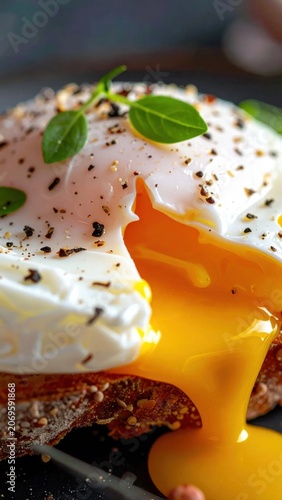 Poached egg with runny yolk on toasted rye bread with black pepper and fresh green basil garnish closeup