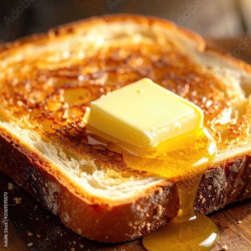 Square slab of melting butter on toasted bread slice with honey glaze, rich morning breakfast food photography, gourmet toast