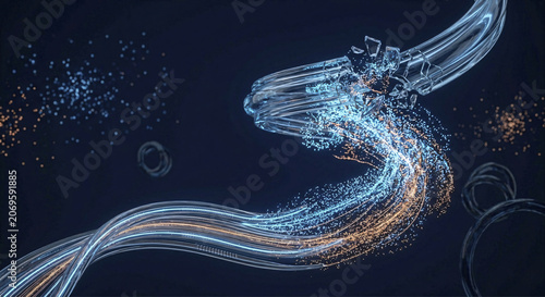 Futuristic Abstract Representation of Digital Data Flow Breaking and Dispersing into Glowing Particles
