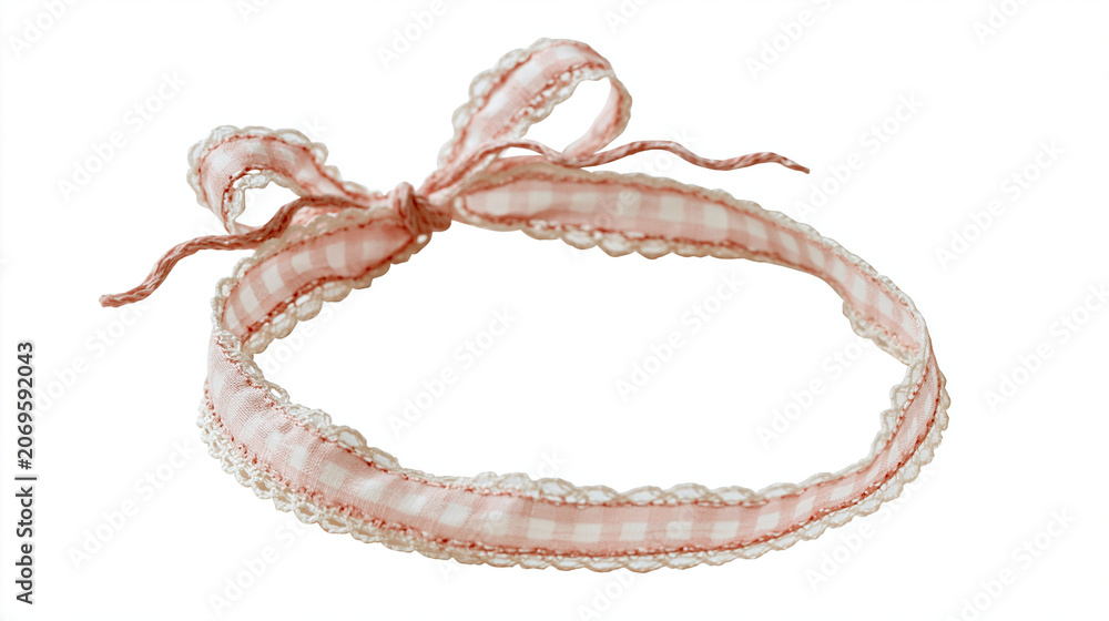 Fototapeta premium Delicate pink gingham ribbon with scalloped edges, perfect for crafts or decorations.