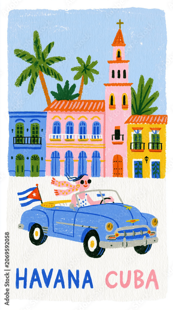 Naklejka premium Colorful illustration of a woman driving a classic car in Havana, Cuba.