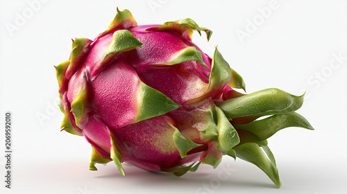 Fresh whole dragon fruit with green leaves and pink red skin close-up photography