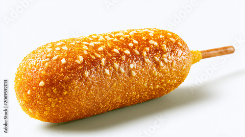 Delicious sugar-coated caramelized doughnut on stick, golden brown pastry treat closeup