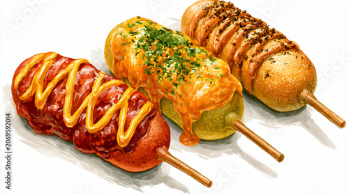Delicious cheese and bacon stuffed hot dog skewers with melted toppings and herbs