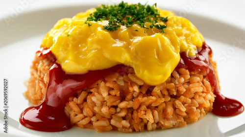 Delicious rice dish topped with sunny side up eggs and ketchup garnished with parsley