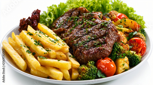 Juicy grilled steak with golden fries, cherry tomatoes, broccoli, and fresh herbs on white plate
