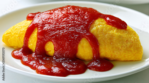 Delicious homemade omelette with ketchup drizzle and golden fried potato wedges on white plate
