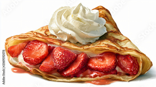 Delicious strawberry cream filled crepe with whipped topping and fresh berries
