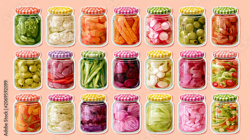 Assorted Pickled Vegetables in Glass Jars with Checkered Lids for Homemade Preservation Display
