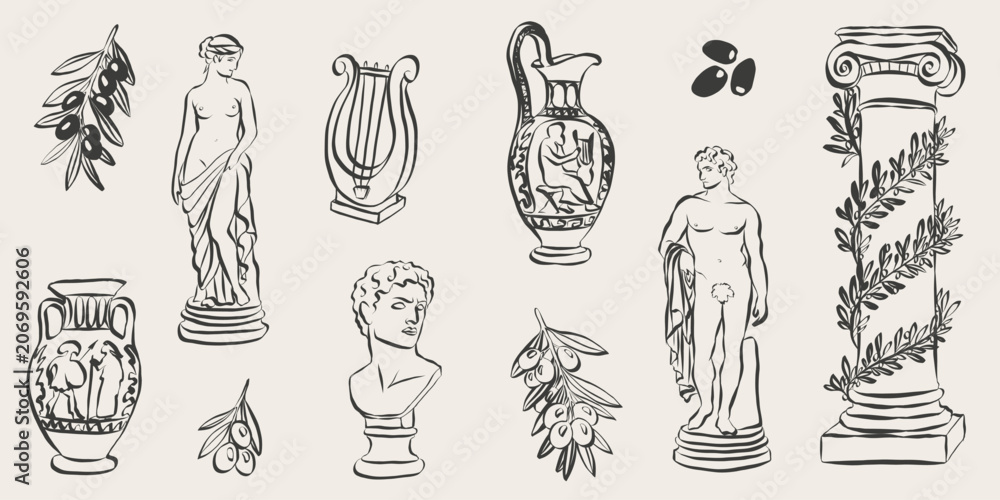 Naklejka premium Ancient Greek statue doodles featuring Mediterranean icons, hand-sketched mythology symbols, columns and greece elements. Ideal for summer vacation designs or cultural artwork projects